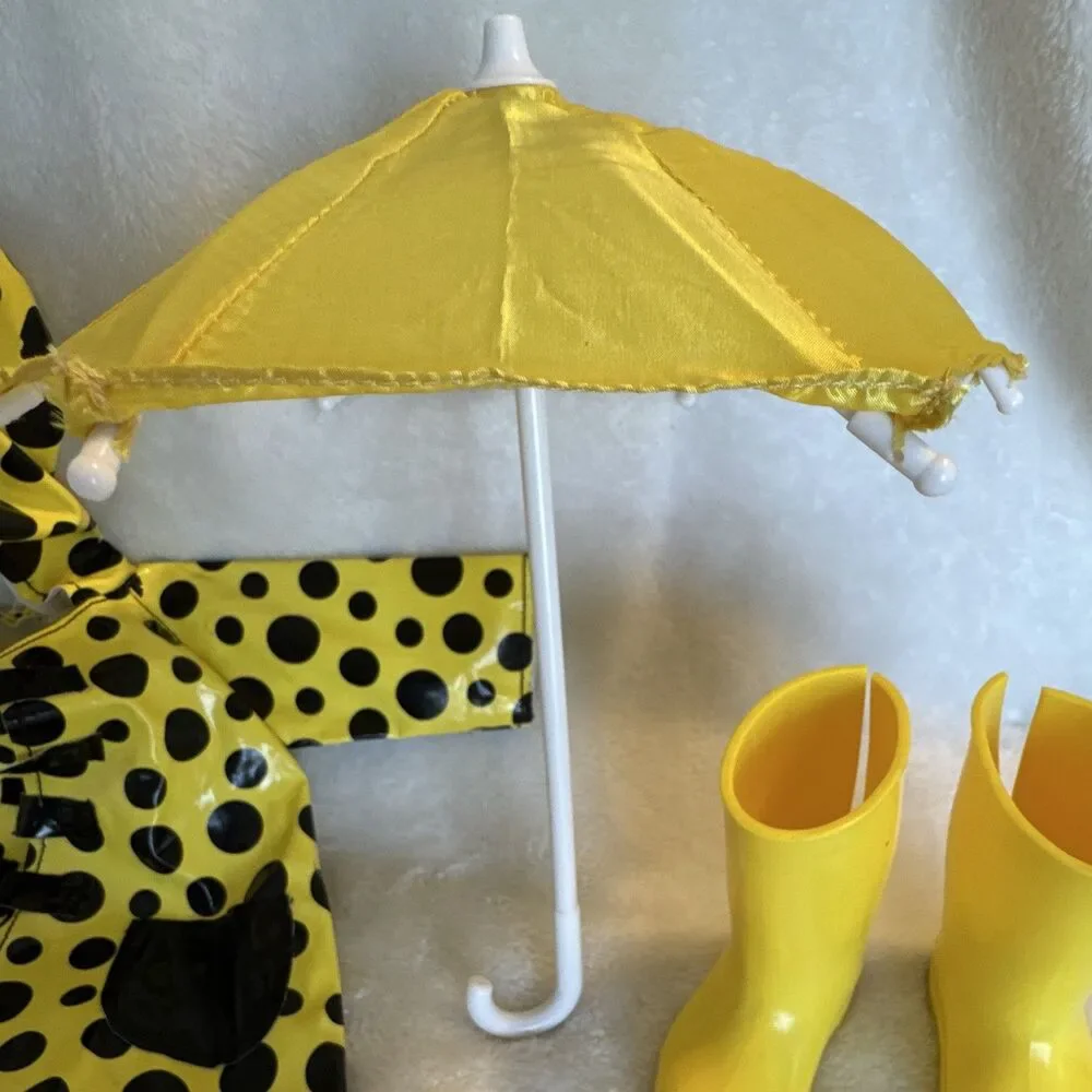 American Girl Doll Yellow Polka Dot Raincoat Outfit Set w/ Umbrella & Boots 4-PC